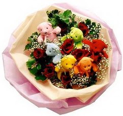 6 adet renkli ayicik ve 6adet  gül buketi  Ankara Çankaya çiçek online çiçek siparişi 