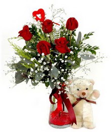  Ankara Çankaya online çiçek gönderme sipariş  5 adet kirmizi gül ve pelus ayicik kalp çubuk