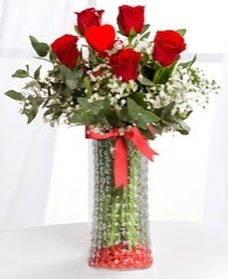 Cam vazoda 5 adet kırmızı gül kalp çubuk  Çankaya kaliteli taze ve ucuz çiçekler 