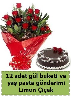 12 adet kırmızı gül buketi ve yaş pasta  Çankaya çiçekçiler 14 şubat sevgililer günü çiçek 