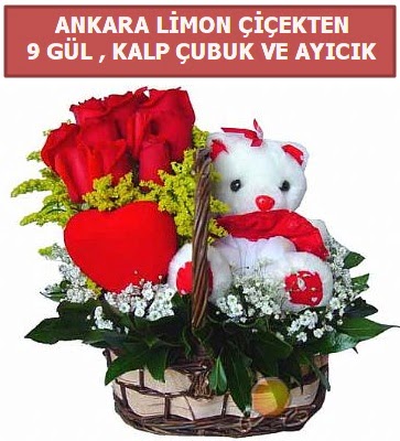 Kalp çubuk sepette 9 gül ve ayıcık  Ankara Çankaya çiçek online çiçek siparişi  