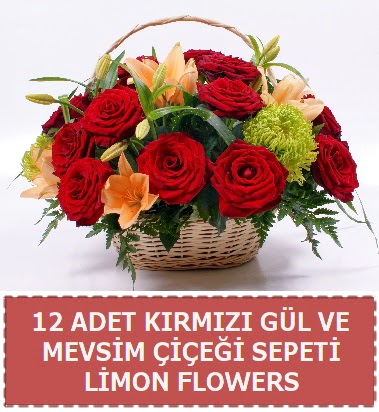 12 gül ve mevsim çiçekleri sepeti  Ankara Çankaya güvenli kaliteli hızlı çiçek 