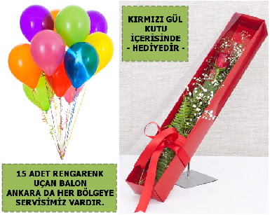 15 Adet uçan balon ve kutuda kırmızı gül  Ankara Çankaya çiçek mağazası , çiçekçi adresleri 