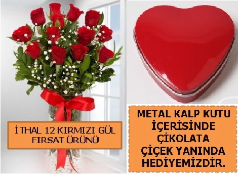 12 adet kırmızı gül ve kalp kutuda çikolata  Ankara Çankaya çiçek online çiçek siparişi 