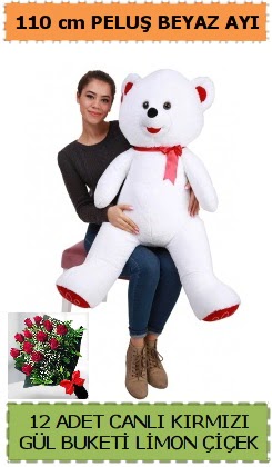 110 cm beyaz kocaman peluş ayı ve 12 gül  Çankaya hediye sevgilime hediye çiçek 