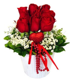 9 kırmızı gül seramik ve kalp çubuk  Çankaya hediye sevgilime hediye çiçek 