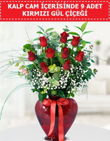 Kırmızı kalp camda 9 kırmızı gül  Çankaya çiçek servisi , çiçekçi adresleri 