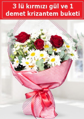 3 adet kırmızı gül ve krizantem buketi  Çankaya çiçekçiler 14 şubat sevgililer günü çiçek 